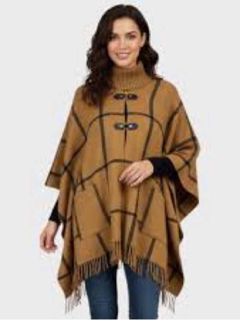 London Fog Camel Plaid Fringe Poncho with Black Trim